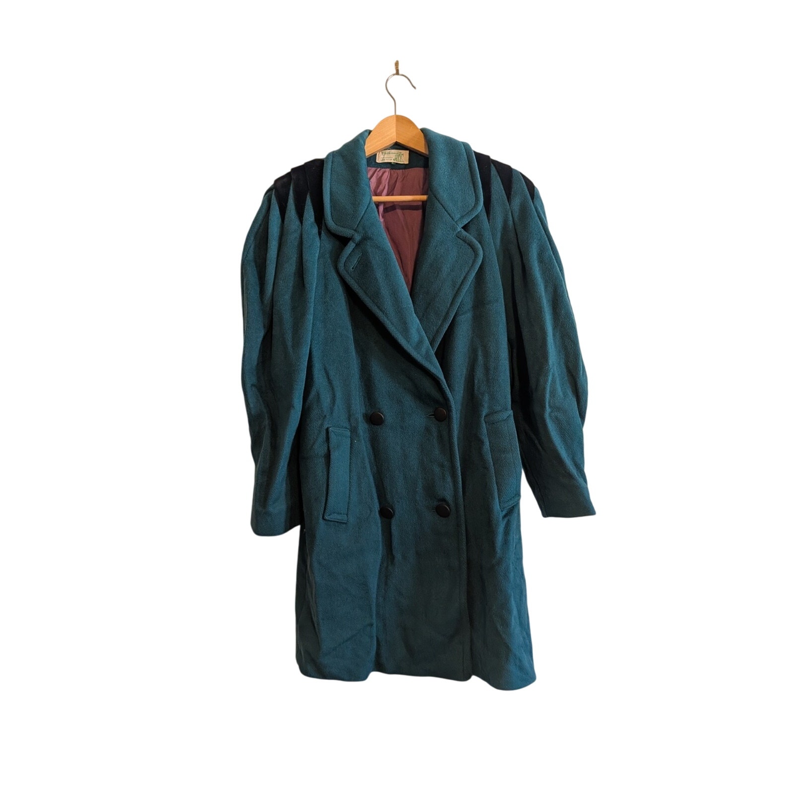 Fashions By Jill Blue 100% Wool Long Coat Double Breasted Winter Velvet Shoulder
